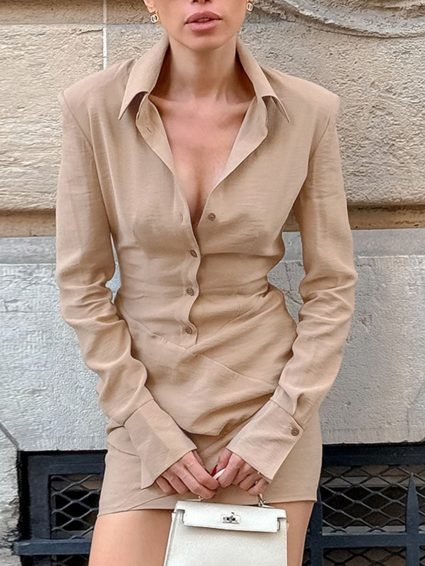 Button Front Long Sleeve Shirt Dress