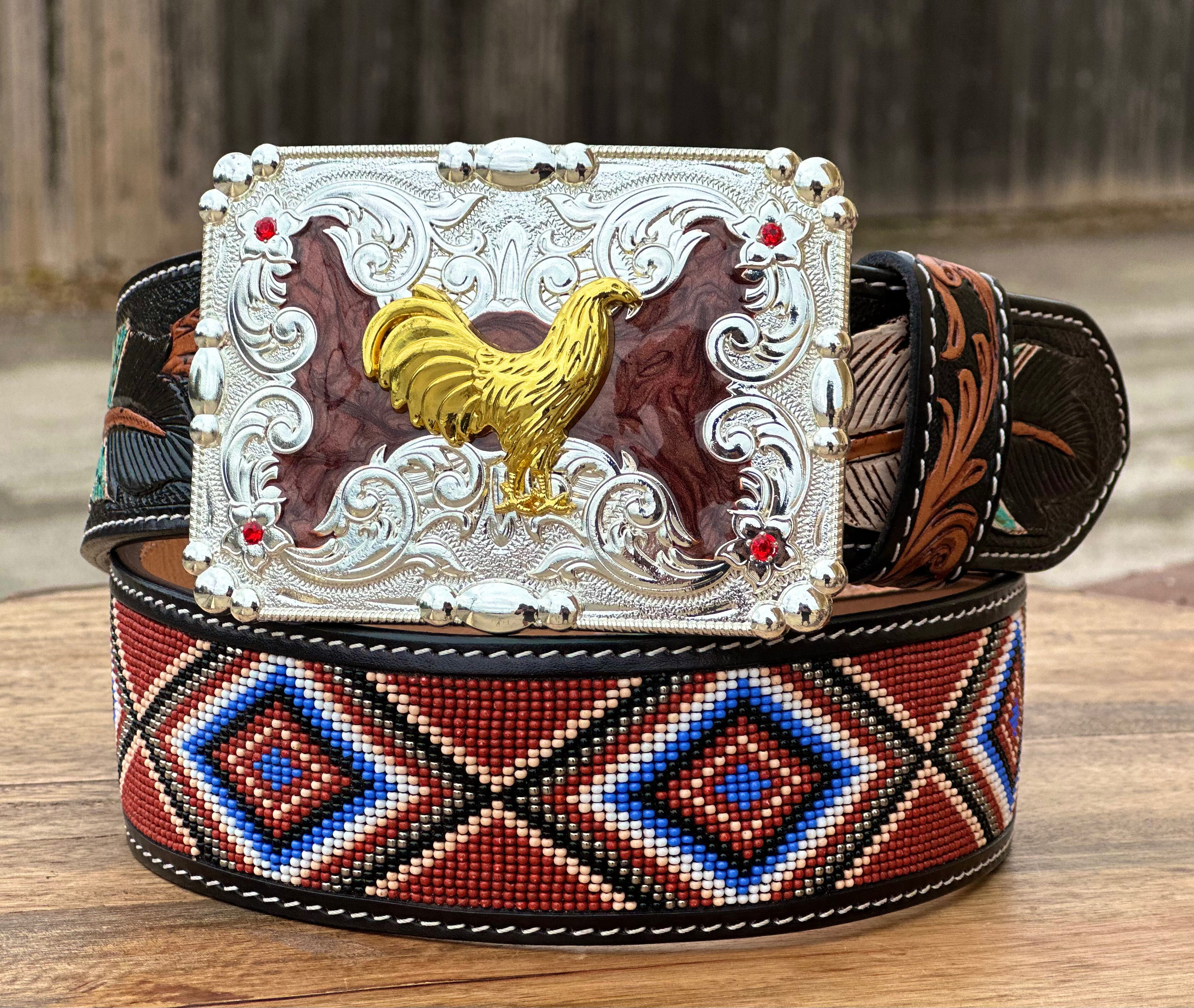 Hand-Tooled Artesanal Tabs With Brown and Blue  Beaded Leather Belt