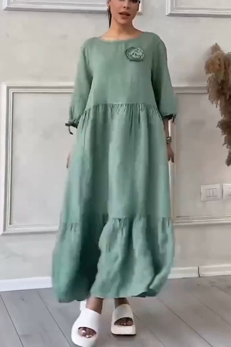 Women's Casual Cotton and Linen Gathered Floral Dress