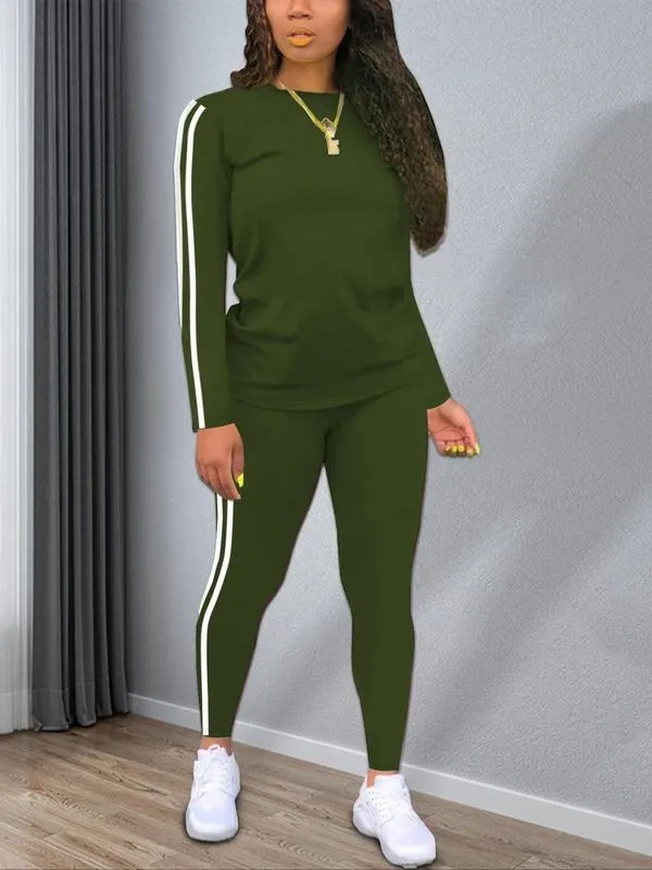 Women's Striped Print Long Sleeve Top & Pants Two-piece Set