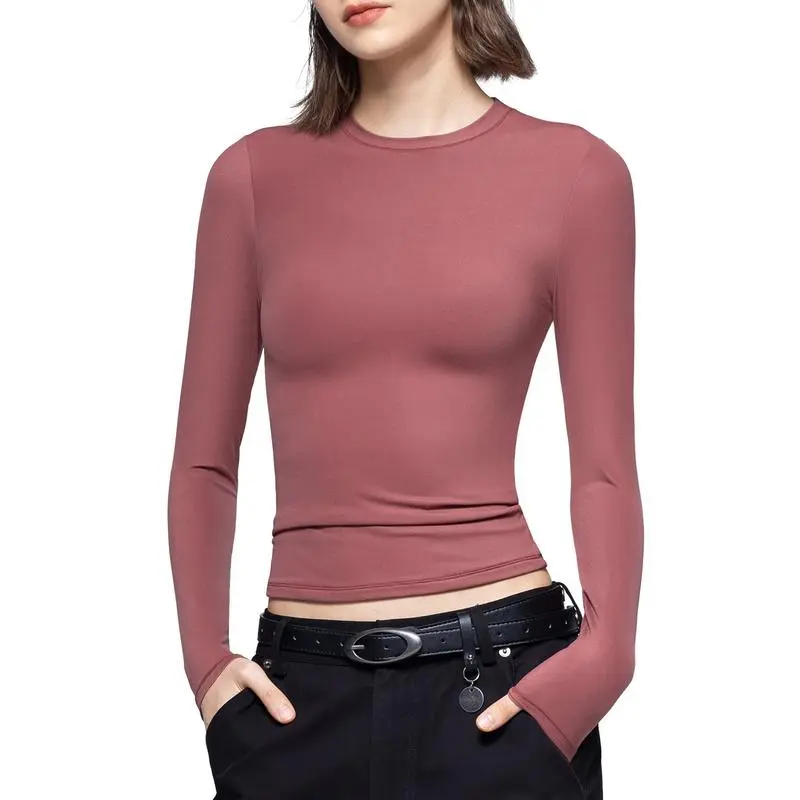 Long Sleeve Basic Tee Women's Crew Neck Slim Fit Tops Streetwear Minimalist Double Layer Compression Tee