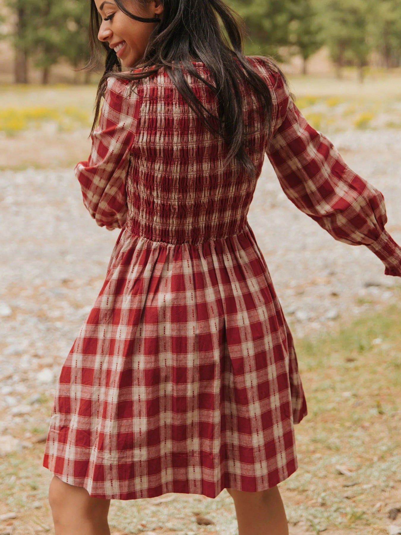 Plaid Print Smocked Puff Sleeve Mini Dress