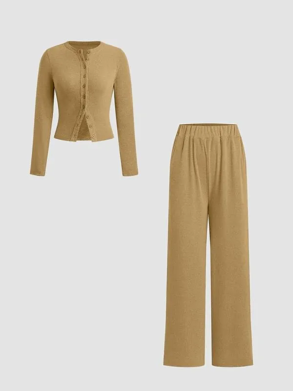 Two-piece Set Women's Solid Button Front Ribbed Crop Top & Elastic Waist Pants