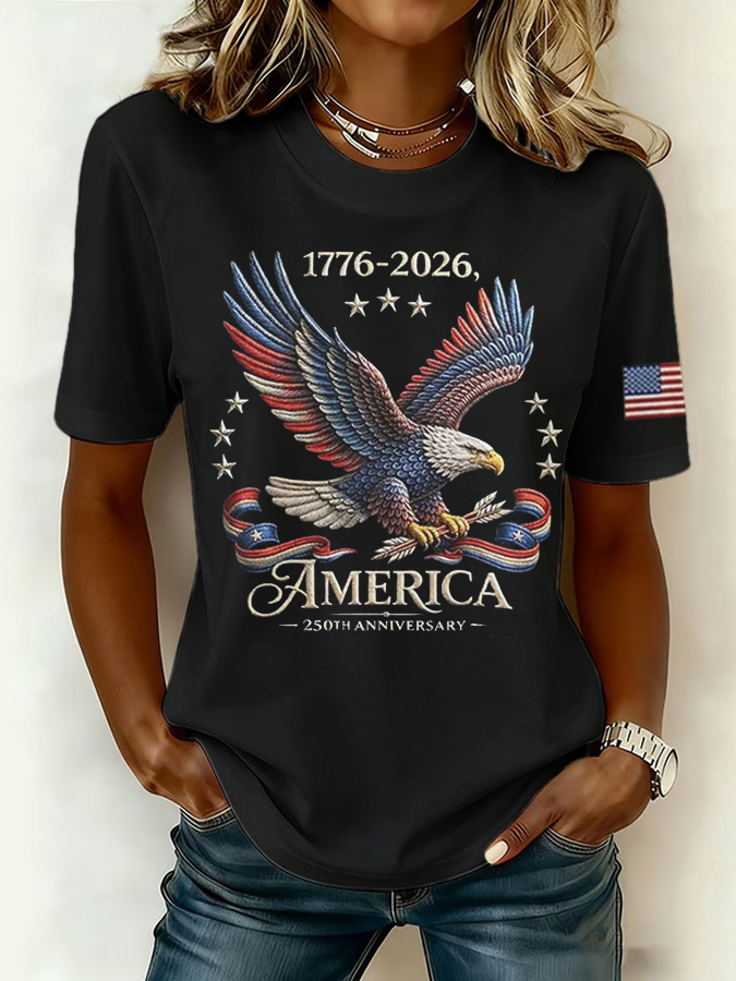 Women'S Retro American Independence Day Commemorative Printed Round Neck T-Shirt