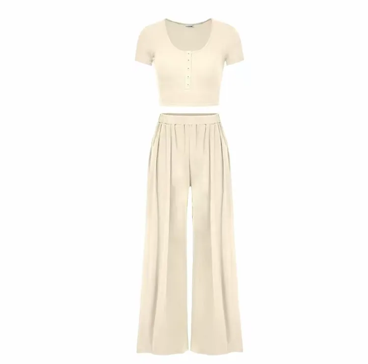 Women's Casual Co-ord Set – Slim Top & Wide Leg Pants