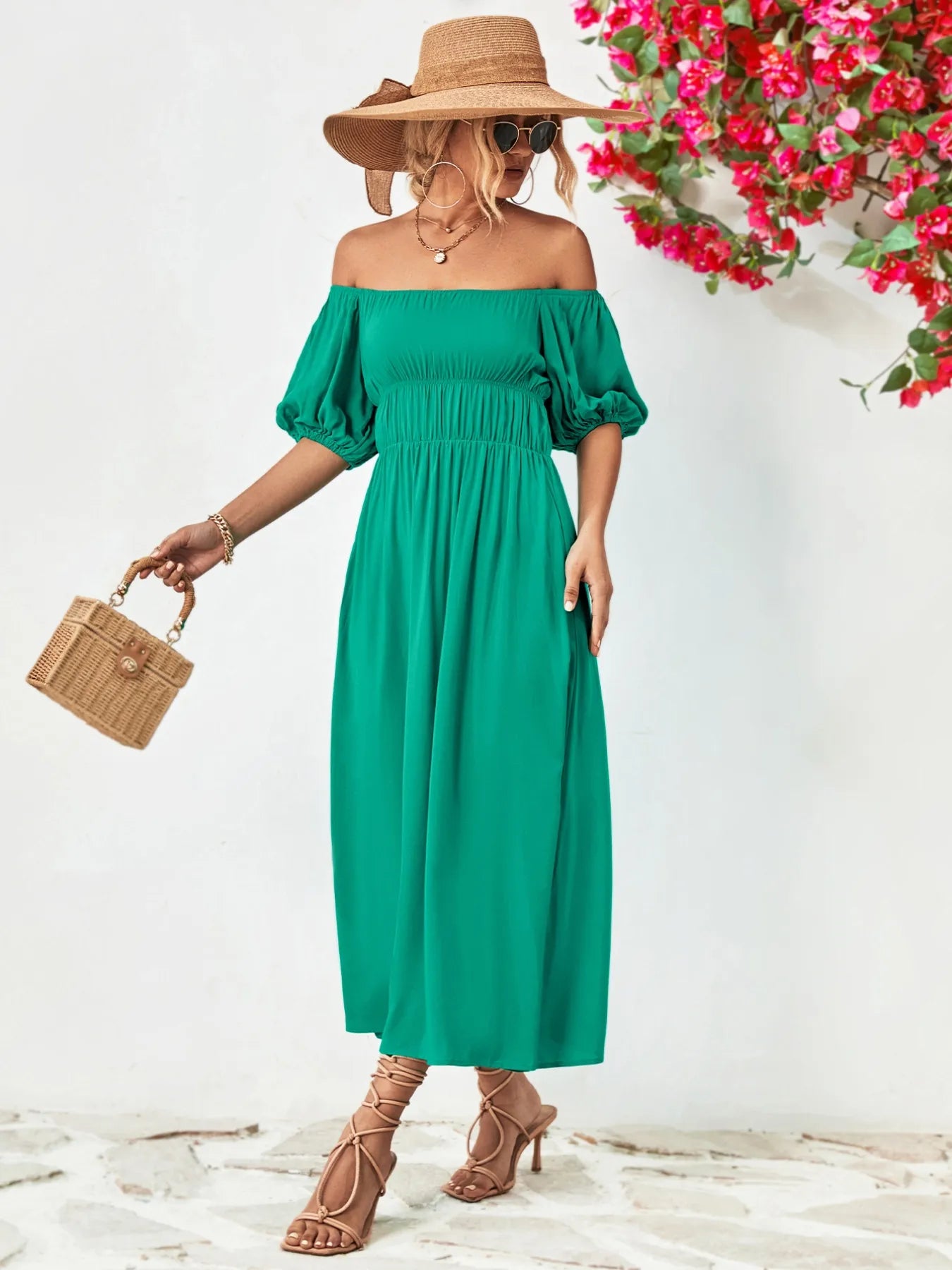 Off-Shoulder Puff Sleeve Smocked Maxi Dress