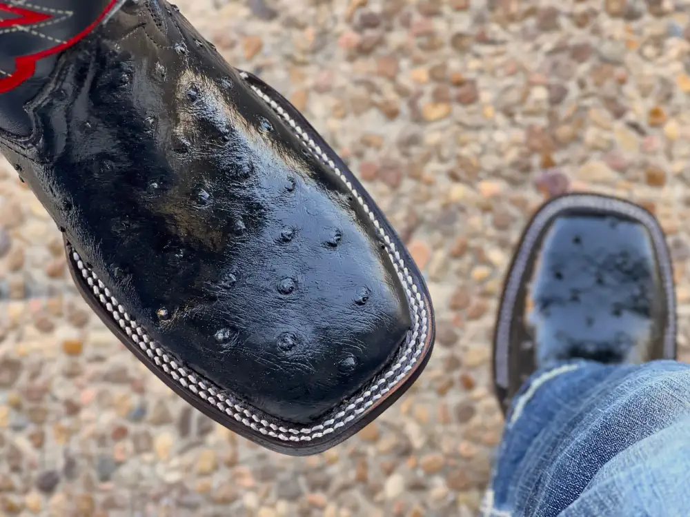 Men’s Black Ostrich Leather Boots With Black / Red Embroidery Shaft
