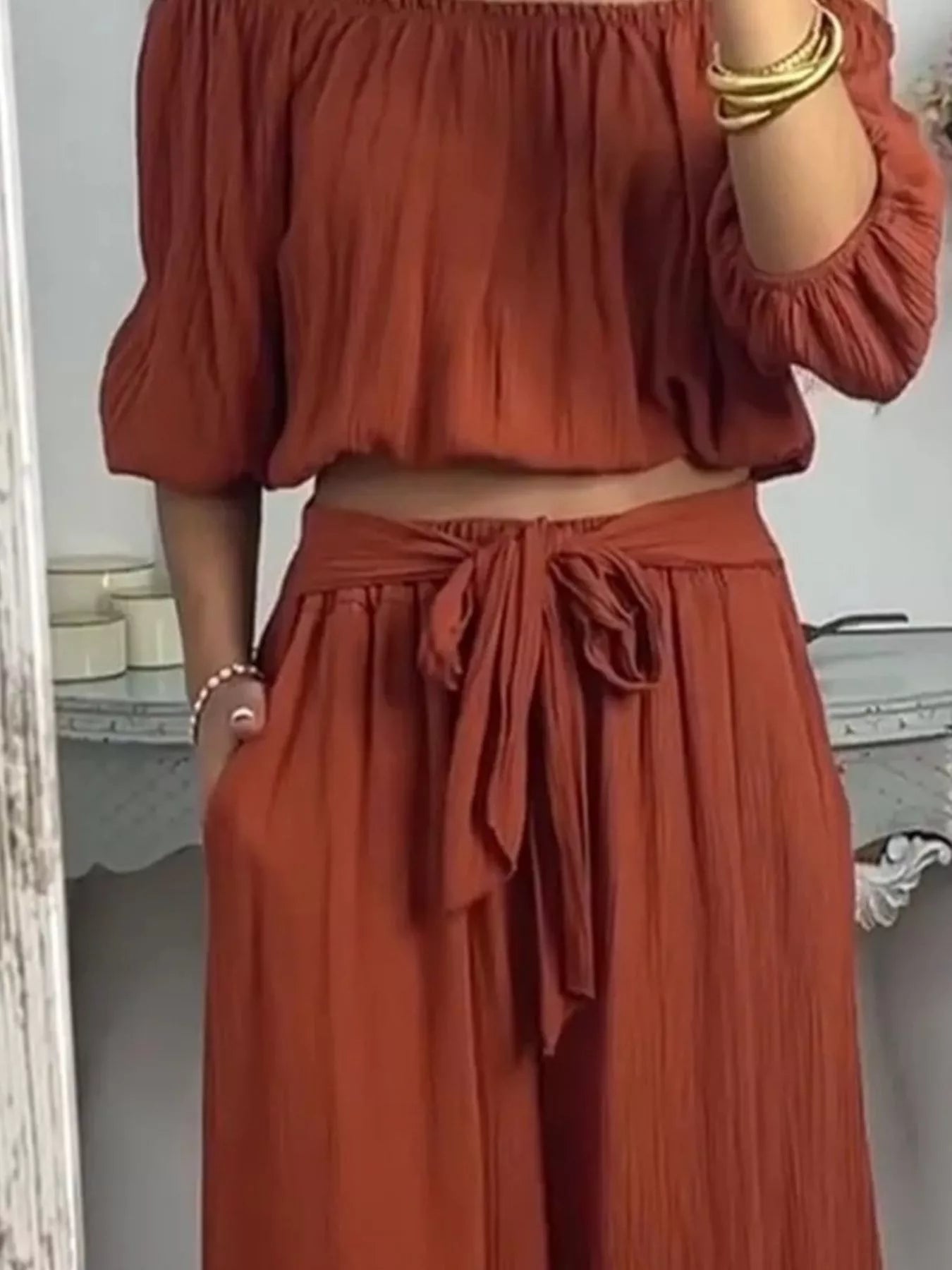 Full Size Off-Shoulder Top and Pants Set Plus Size