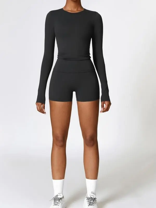 Women's Solid Round Neck Sports Tee & High Waist Shorts Tracksuit Set