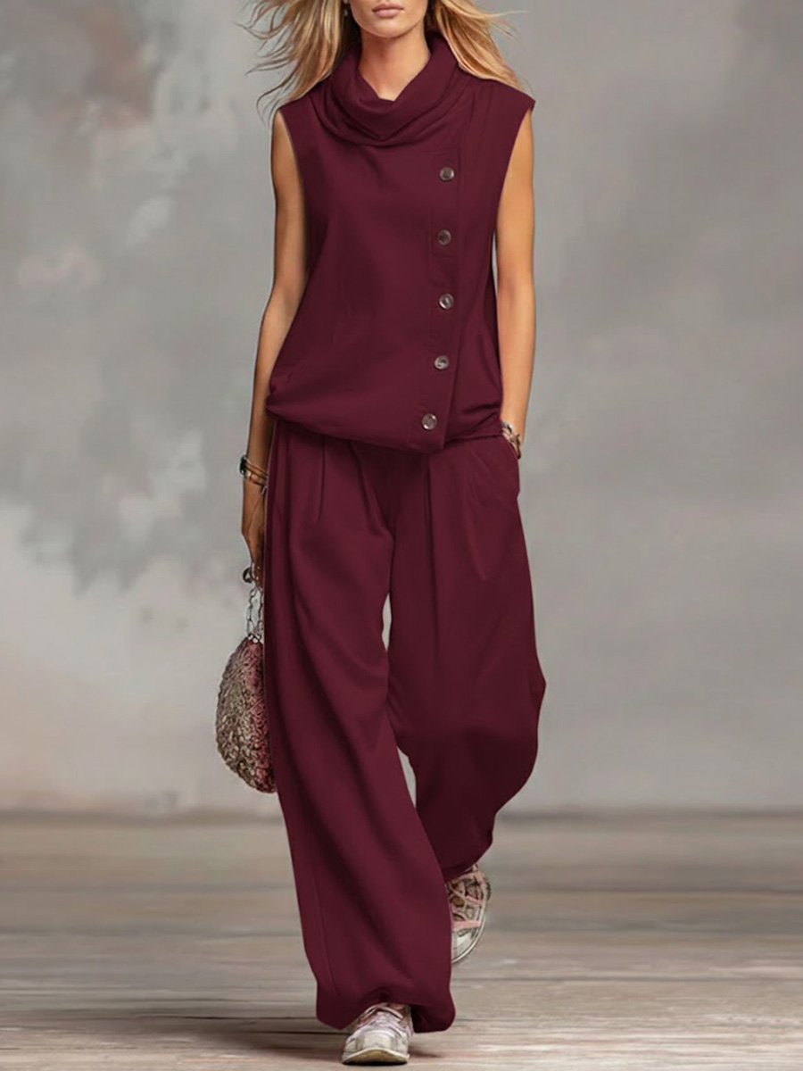 Women's Solid Color Stand-collar Sleeveless Casual Loose Cotton Top And High-waisted Loose Wide-leg Pants Set.