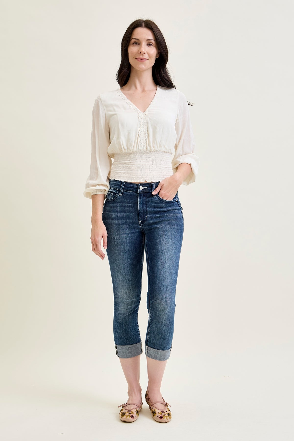 Maddy Mid Rise Dark Wash Cuffed Capri Jeans