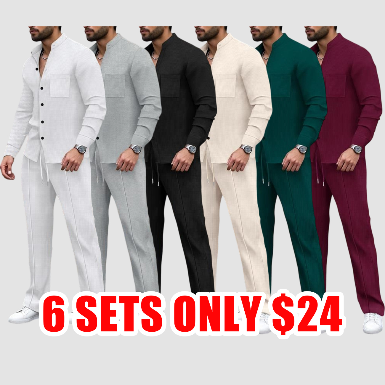 Men’s Waffle Knit Stand Collar Jacket & Drawstring Pants Set