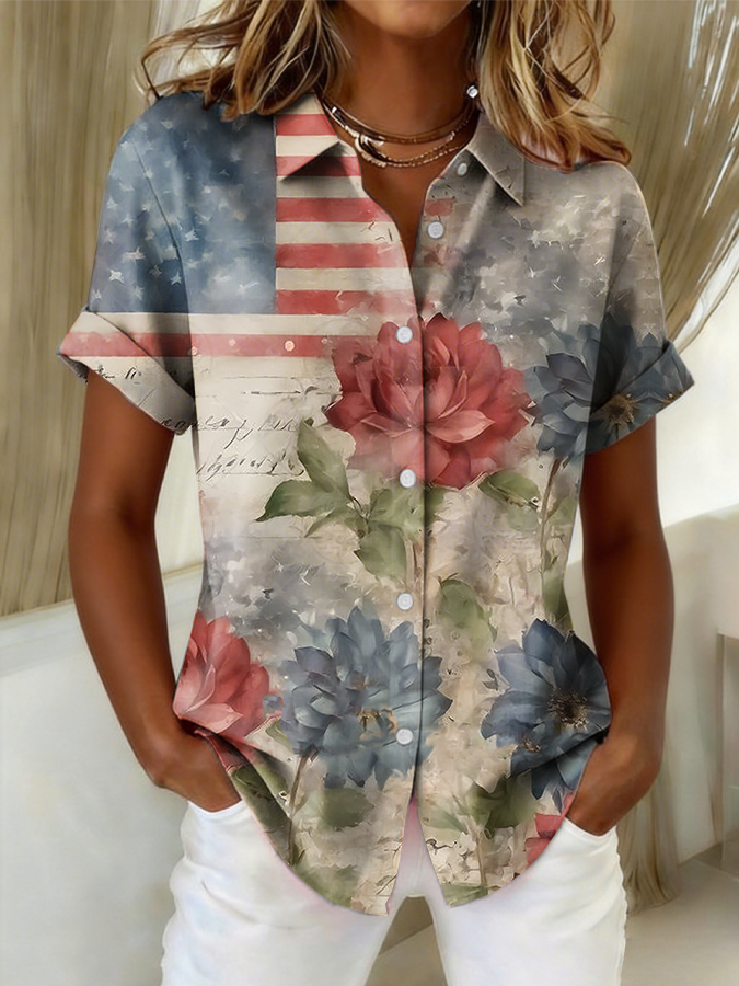 Women'S Independence Day Patriotic American Flag 250Th Anniversary Button Short Sleeve Shirt