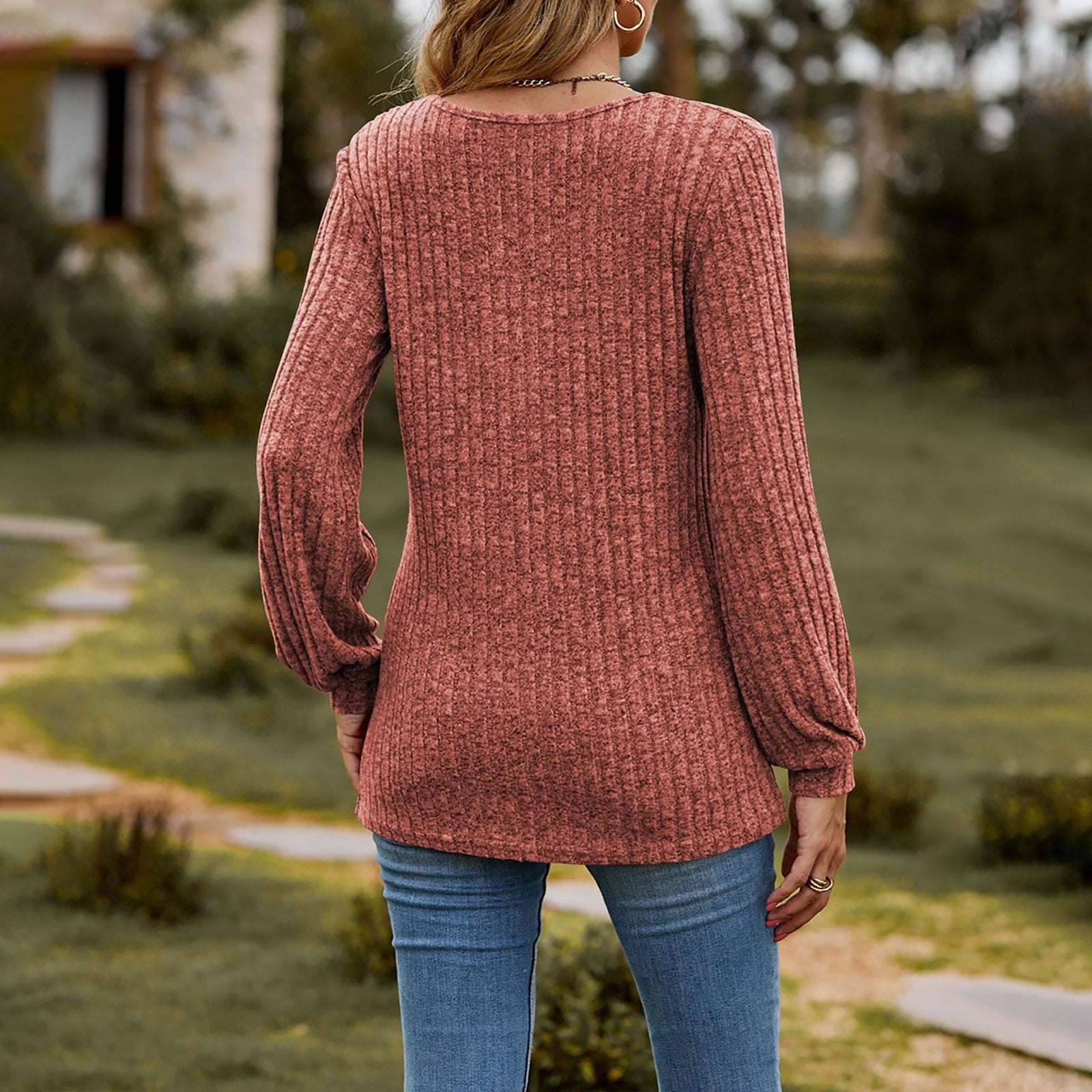 Women's Fall Button Scoop Neck Puff Long Sleeve Henley Shirts