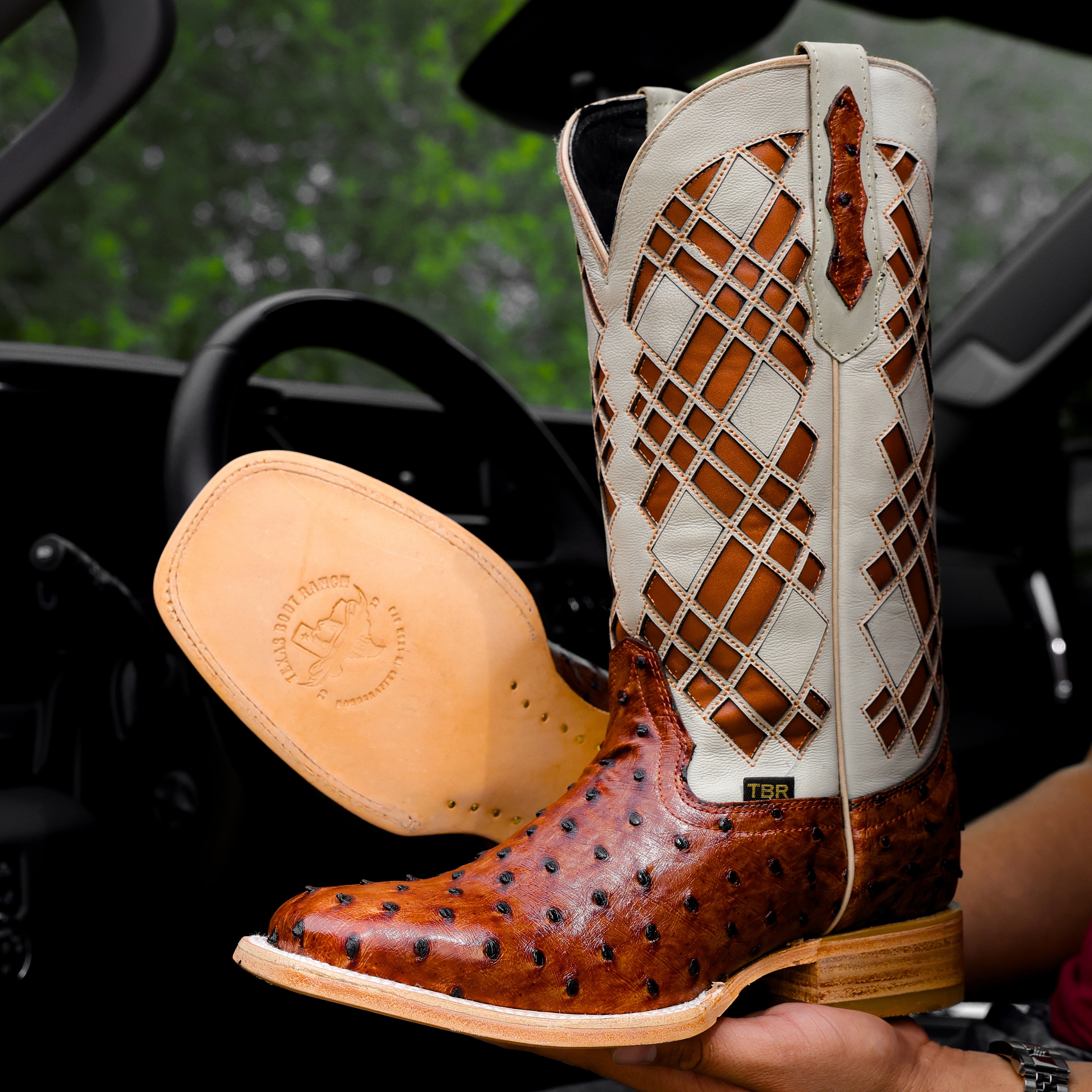 Cognac Ostrich Leather Boots - Square Toe