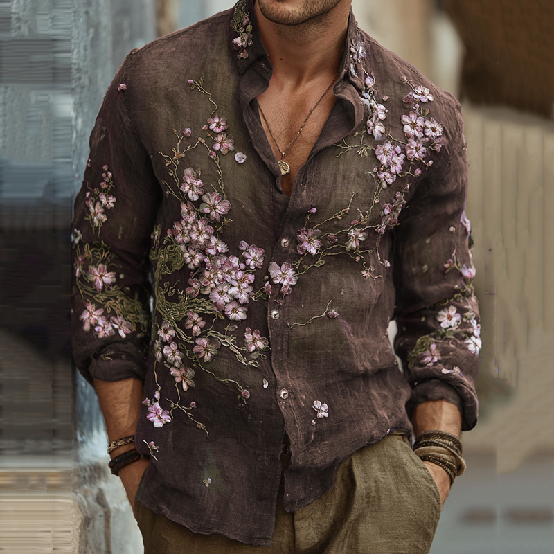 Men's Vintage Japanese Sakura Embroidered Art Lapel Long Sleeve Linen Shirt