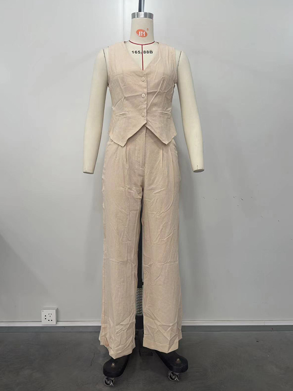 V-Neck Vest Loose Sleeveless Buttoned Solid Color Top + Split-Joint Pleated Pockets Pants Bottom Two Pieces Set