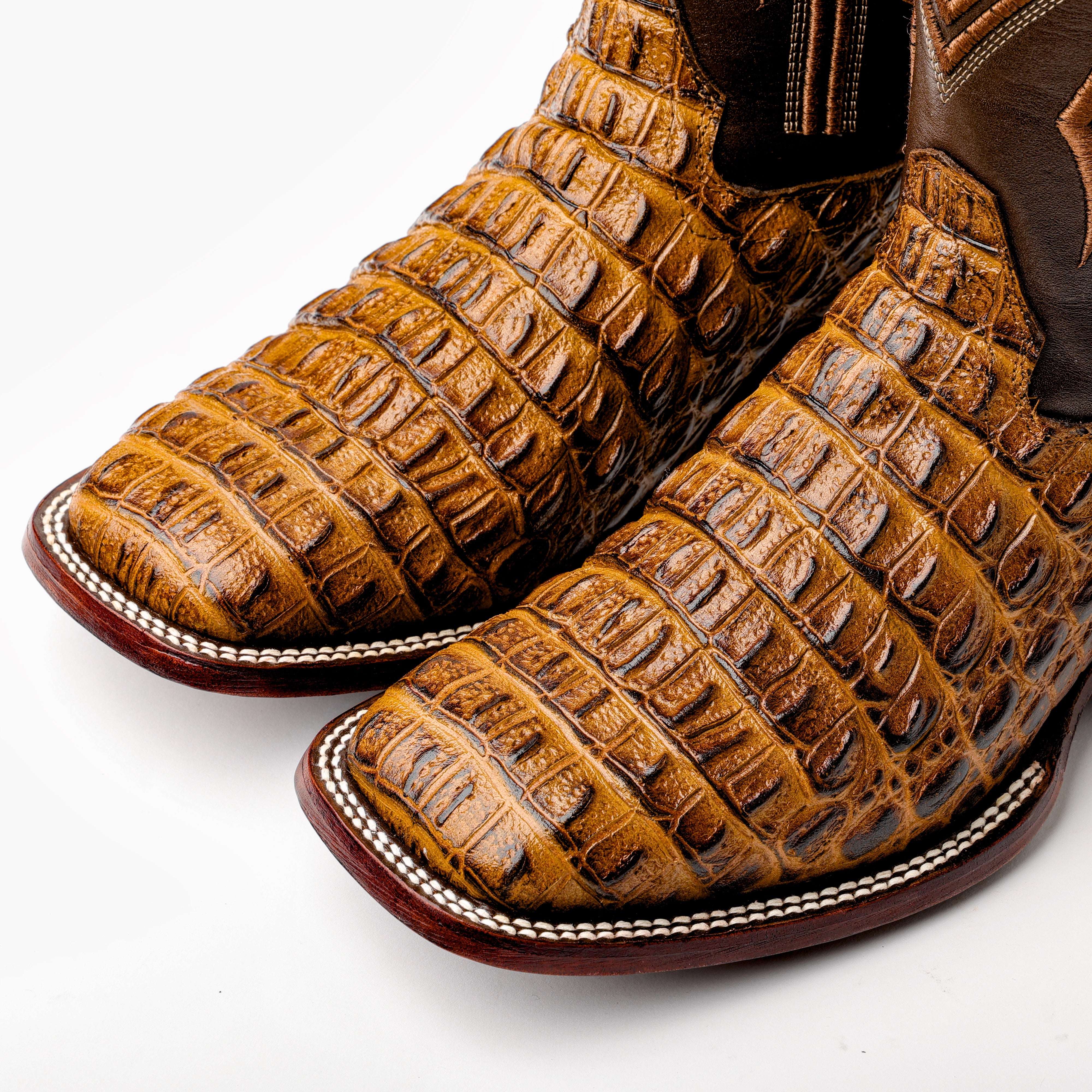 Honey Caiman Hornback Leather Boots - Square Toe
