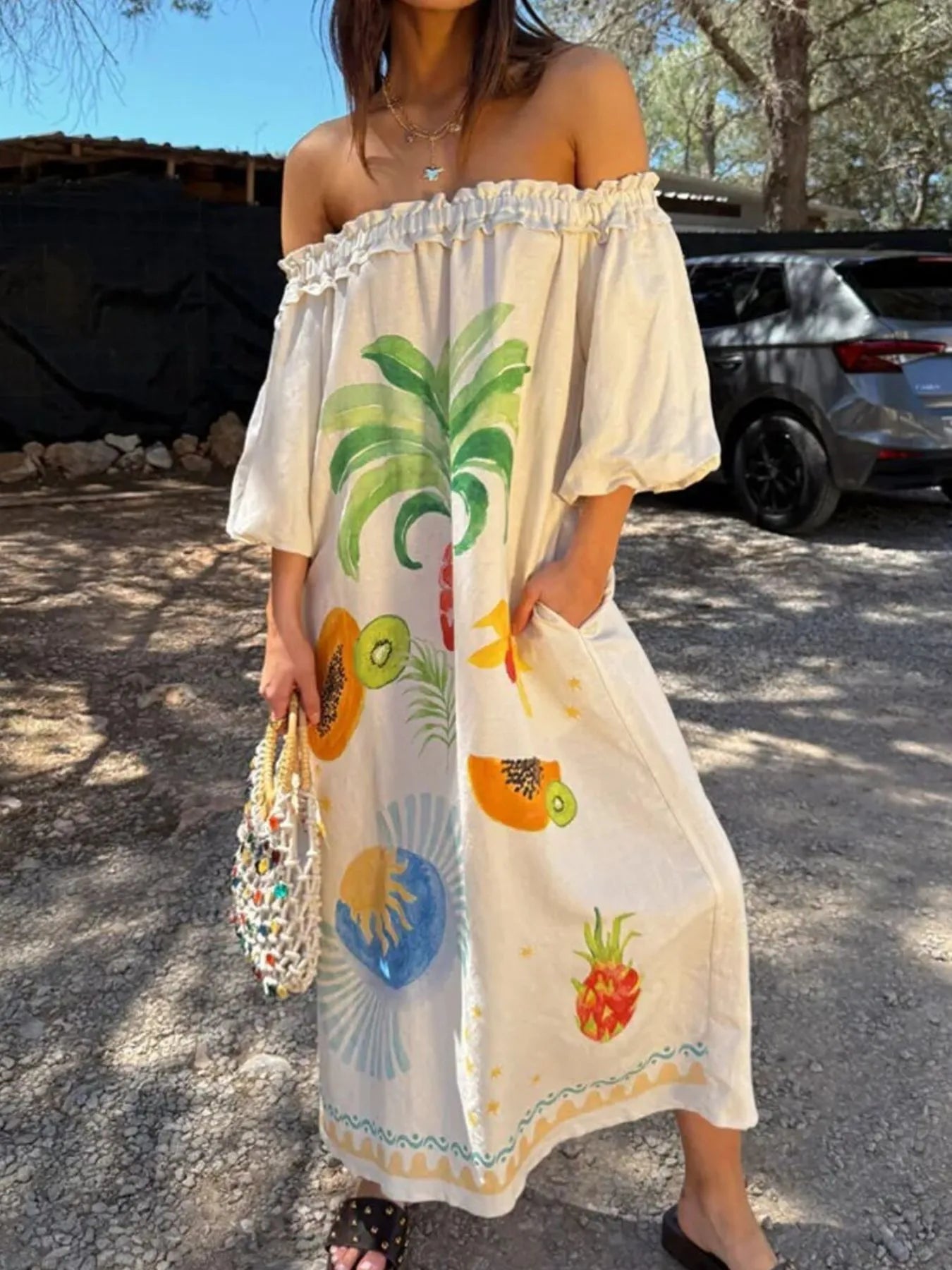 Frill Printed Off-Shoulder Dress