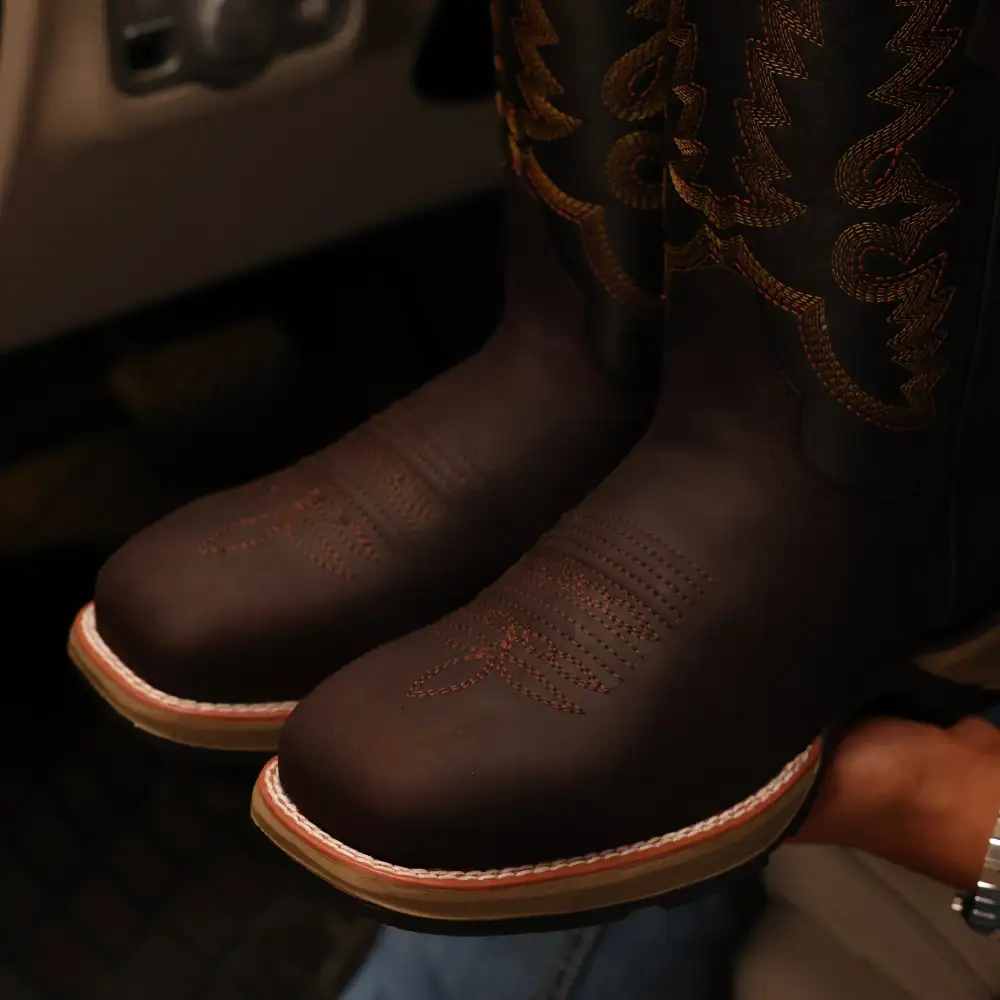 Chocolate Brown Leather Work Boots - Square Toe