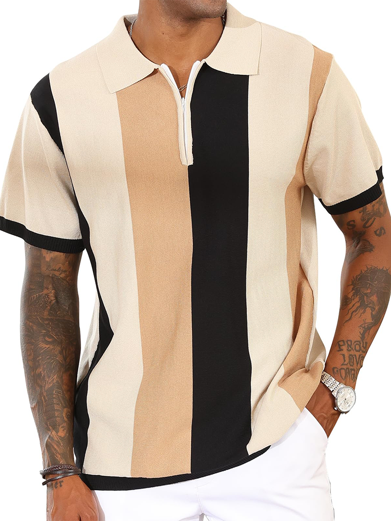 Men's Fashion Polo Shirts Vintage Striped Knitting Shirts Casual Slim Fit Golf Shirts