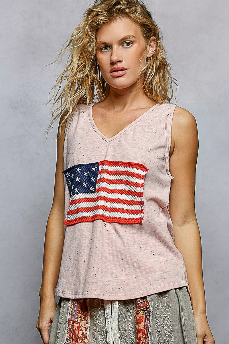 POL V-Neck Ribbed Tank with American Flag Patch and Star Back Patch