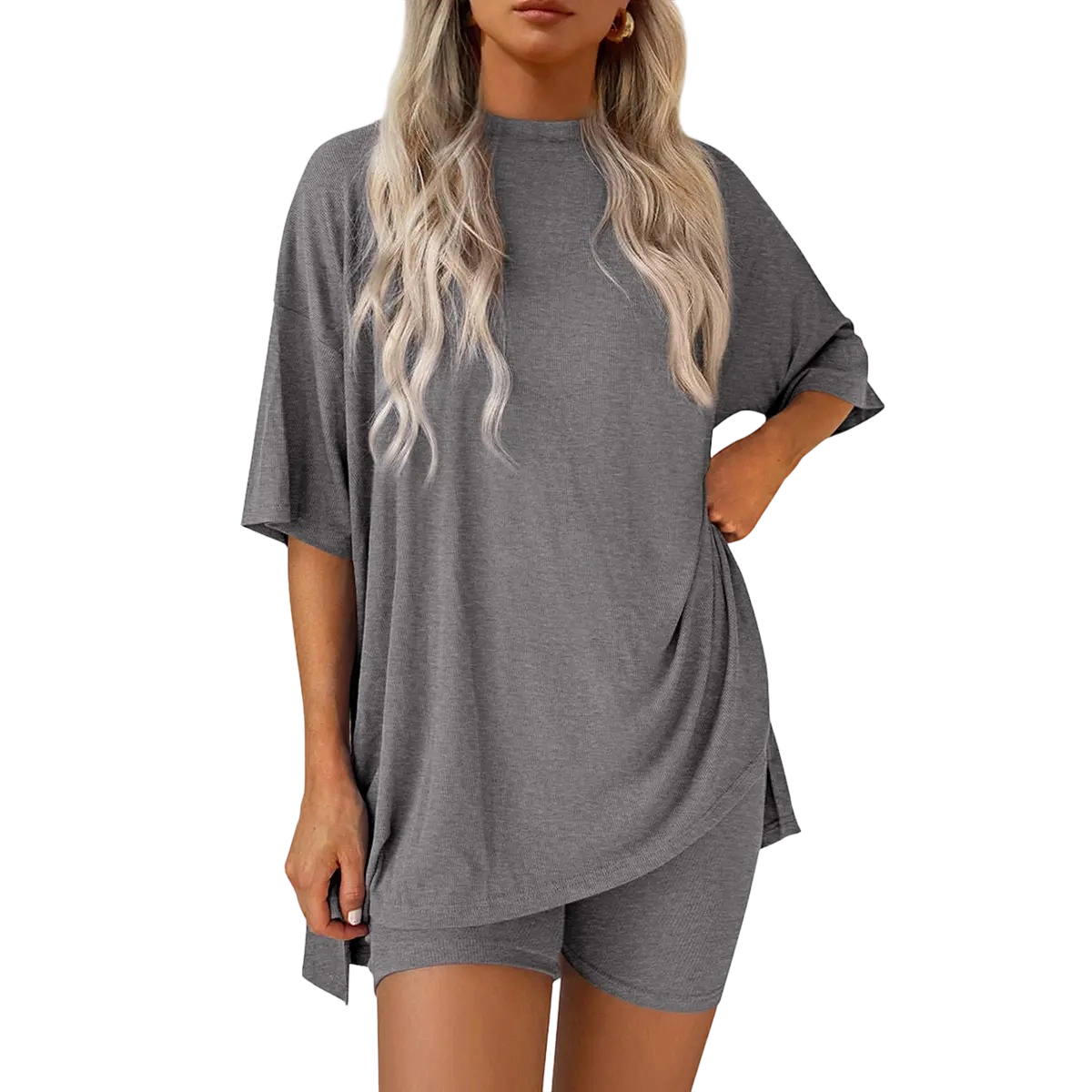 Two-Piece Set For Women Summer Casual Oversized Split Hem Shirts & Side Pocket Biker Shorts Minimalist Lounge Wear Soft Viscose Fabric