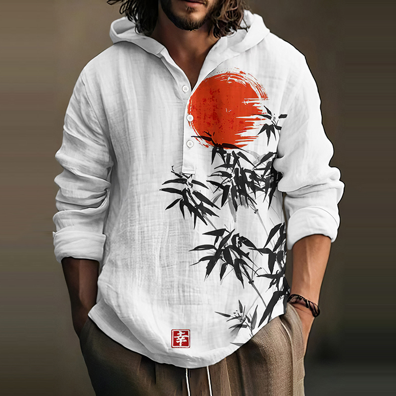 Men's Japanese Bamboo Forest & Red Sun Art Print Hooded Shirt