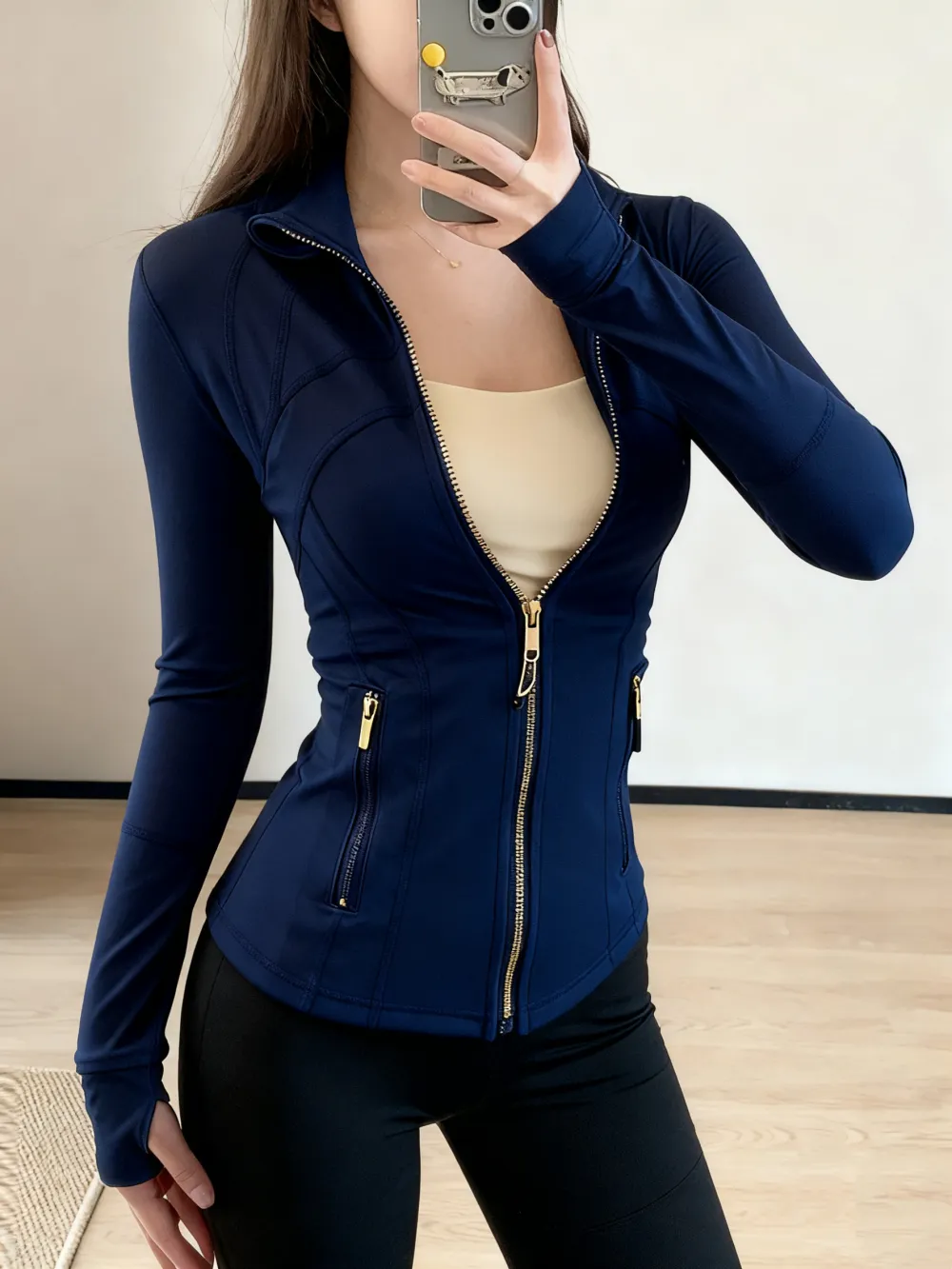 Women's Yoga Suit Gold Zipper Stand Up Collar Slimming Fitness Jacket