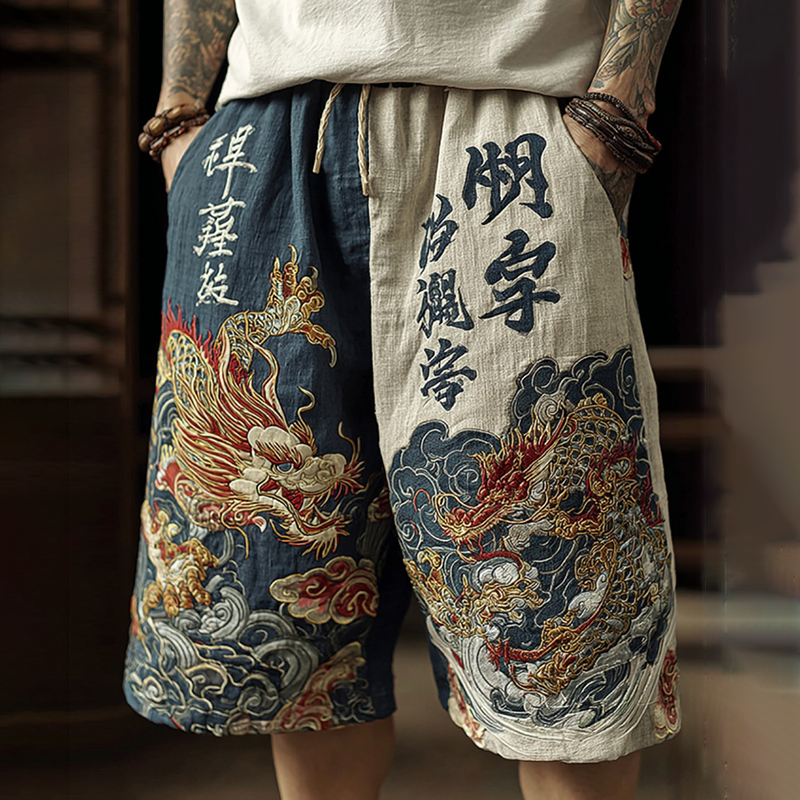 Men's Japanese Dragon Art Linen Comfy Shorts