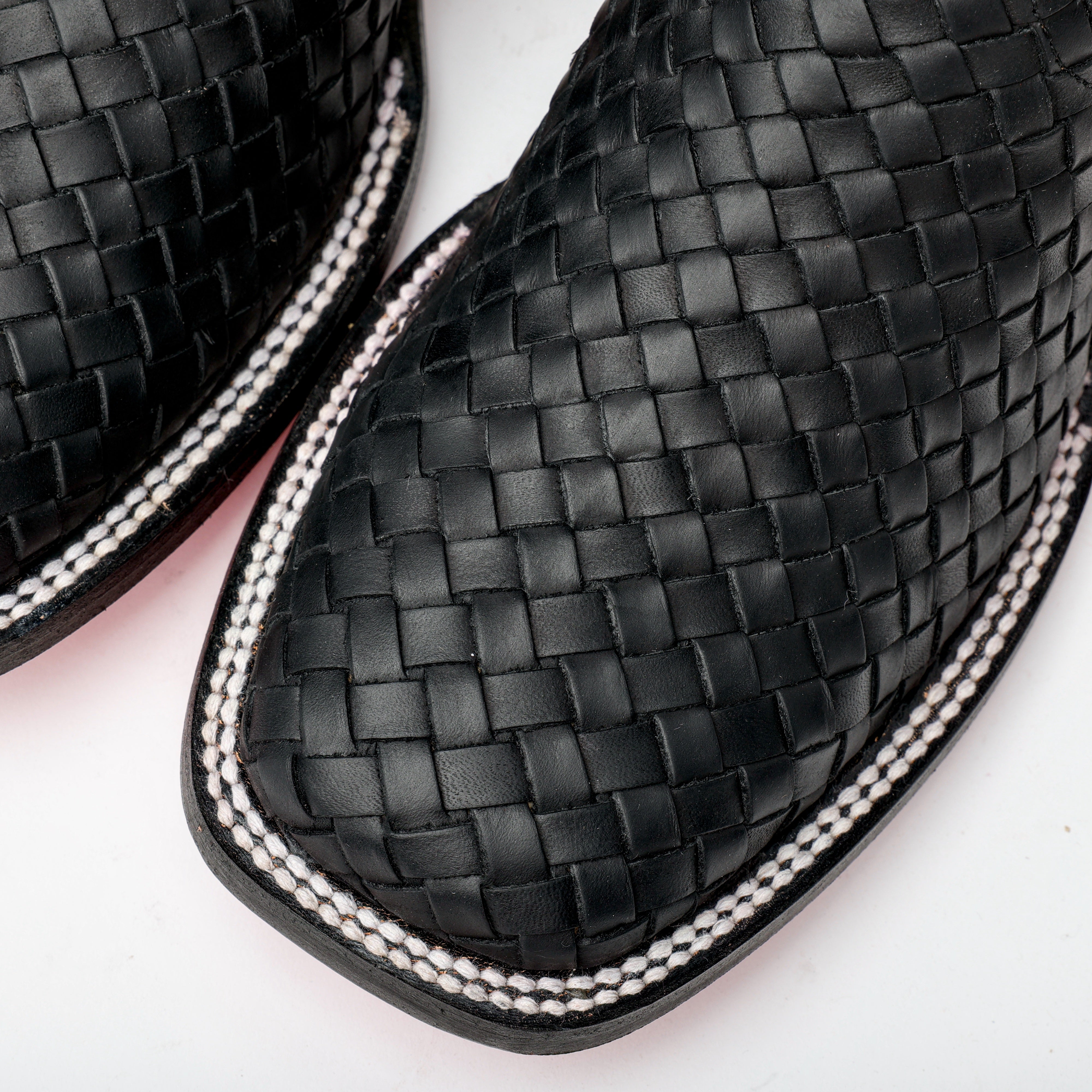 Black Basketweave Leather Boots - Square Toe