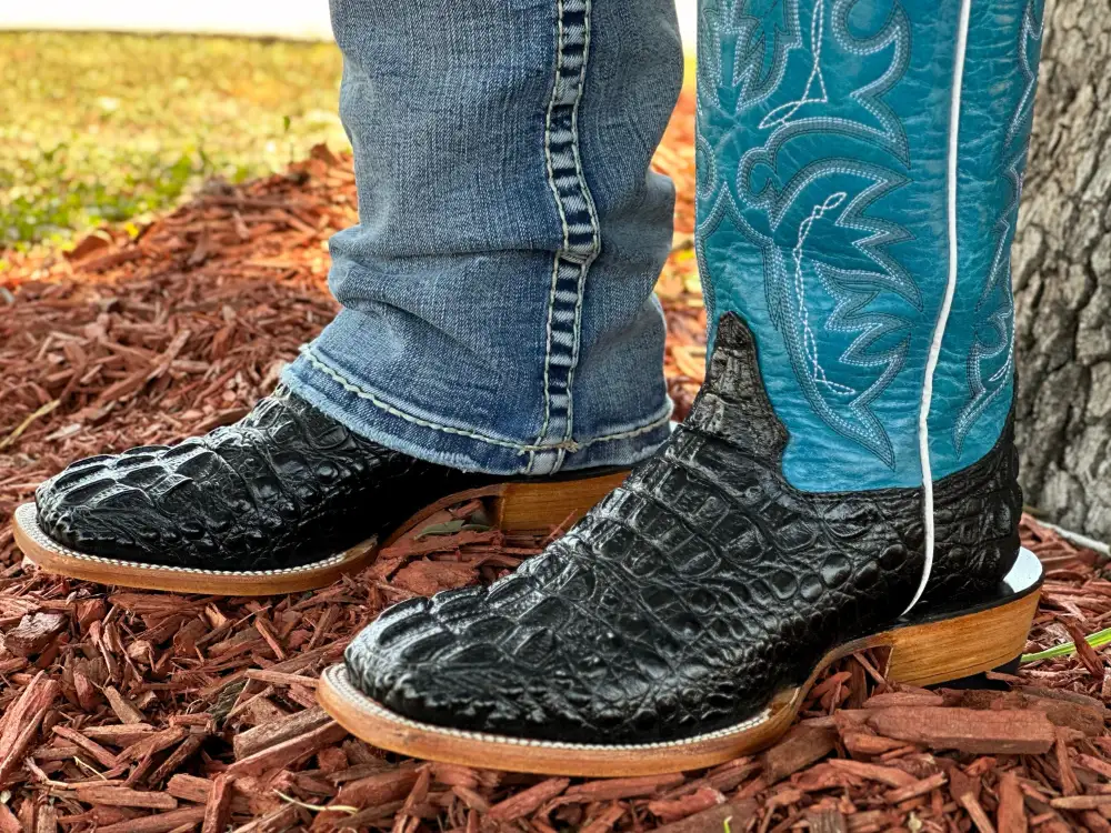 Men’s Black Crocodile Leather Boots With Turquoise Shaft