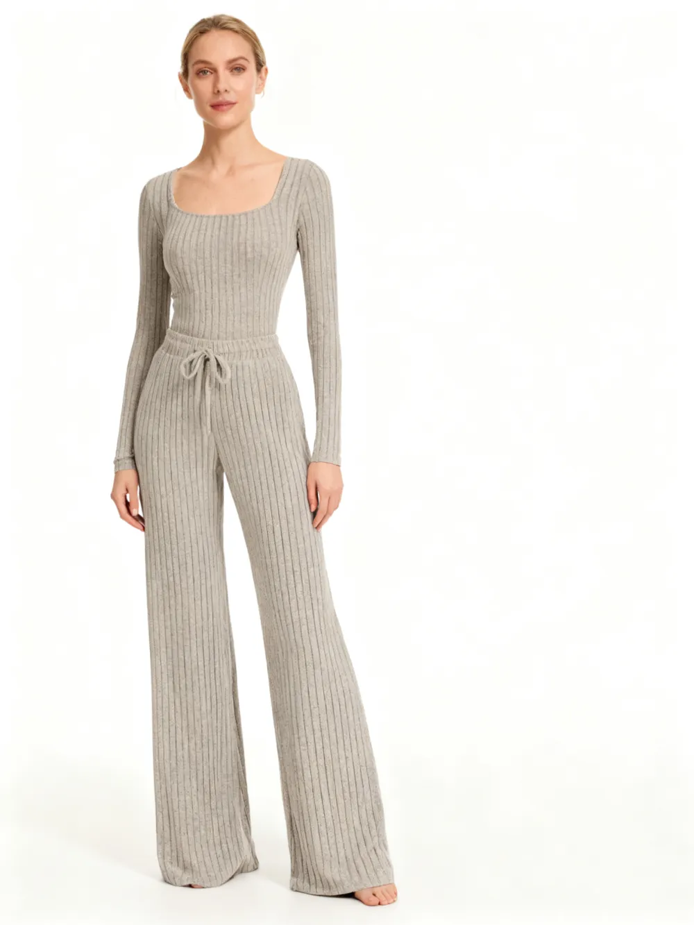 Women's Slim-Fit Solid Color Ribbed Fleece Jumpsuit Set