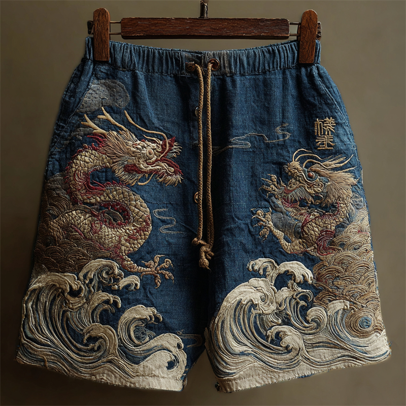Japanese Dragons & Sea Waves Embroidered Linen Shorts