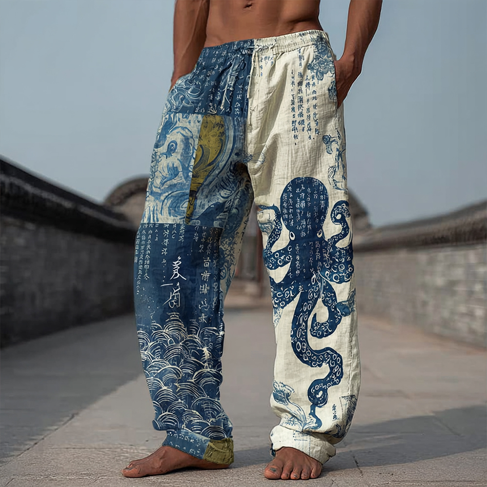 Japanese-style Octopus Calligraphy Shibori Patchwork Distressed Cotton Linen Pants