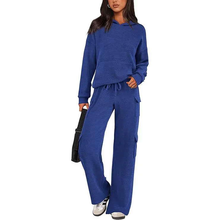 Women's Fall Knitted Hoodie Tracksuits Wide Leg Pants With Pocket Sets