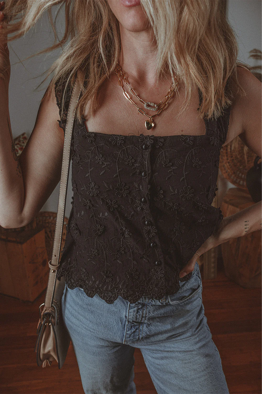 Floral Embroidered Buttoned Square Neck Tank Top