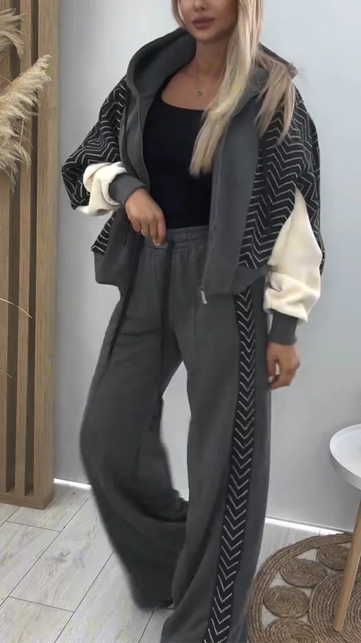Women Hooded Spliced Jacket + Pants Casual Set