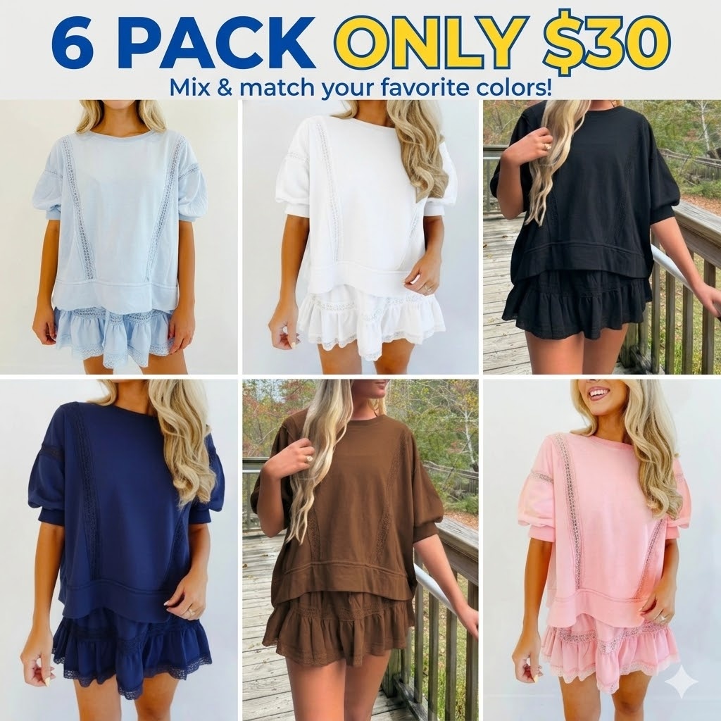 Fisoew Women's 2 Piece Cotton Lace Trim Outfit Set Short Sleeve Puff Sleeve Top & Ruffled Shorts Soft Casual Outfit