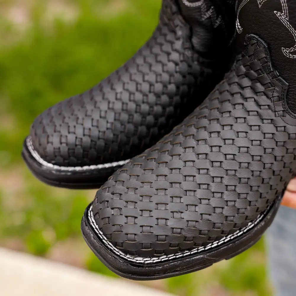 Black Basketweave Leather Boots With 3D Lightweight Sole - Square Toe