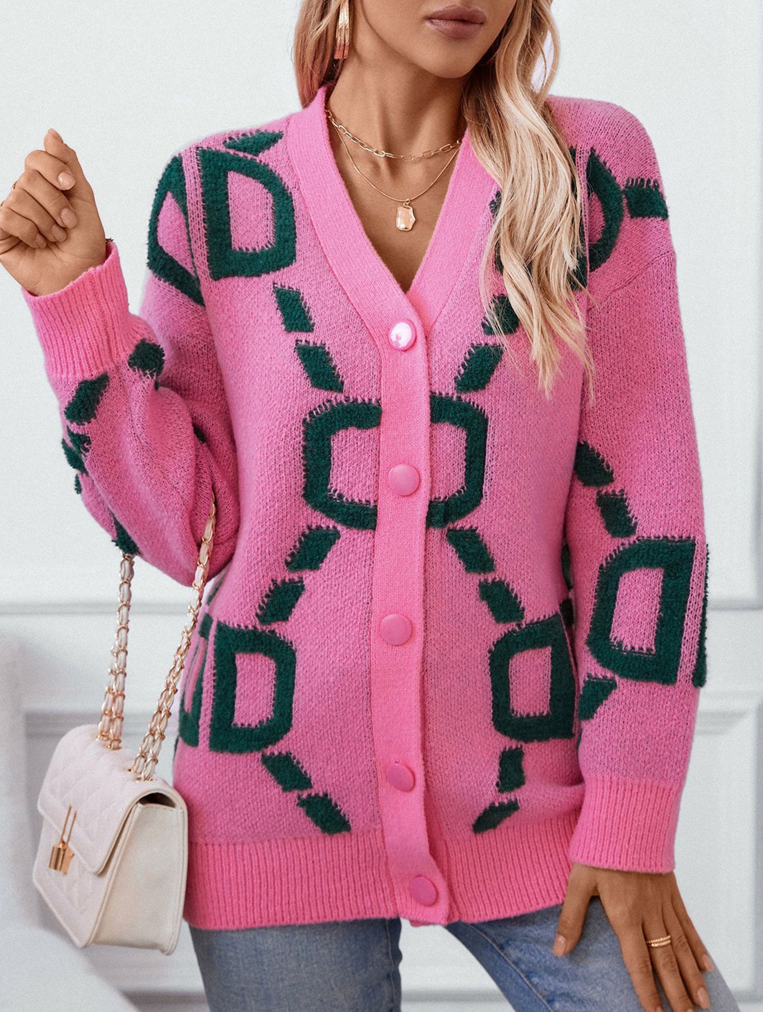 Letter Embroidered Button Knit Long Cardigan