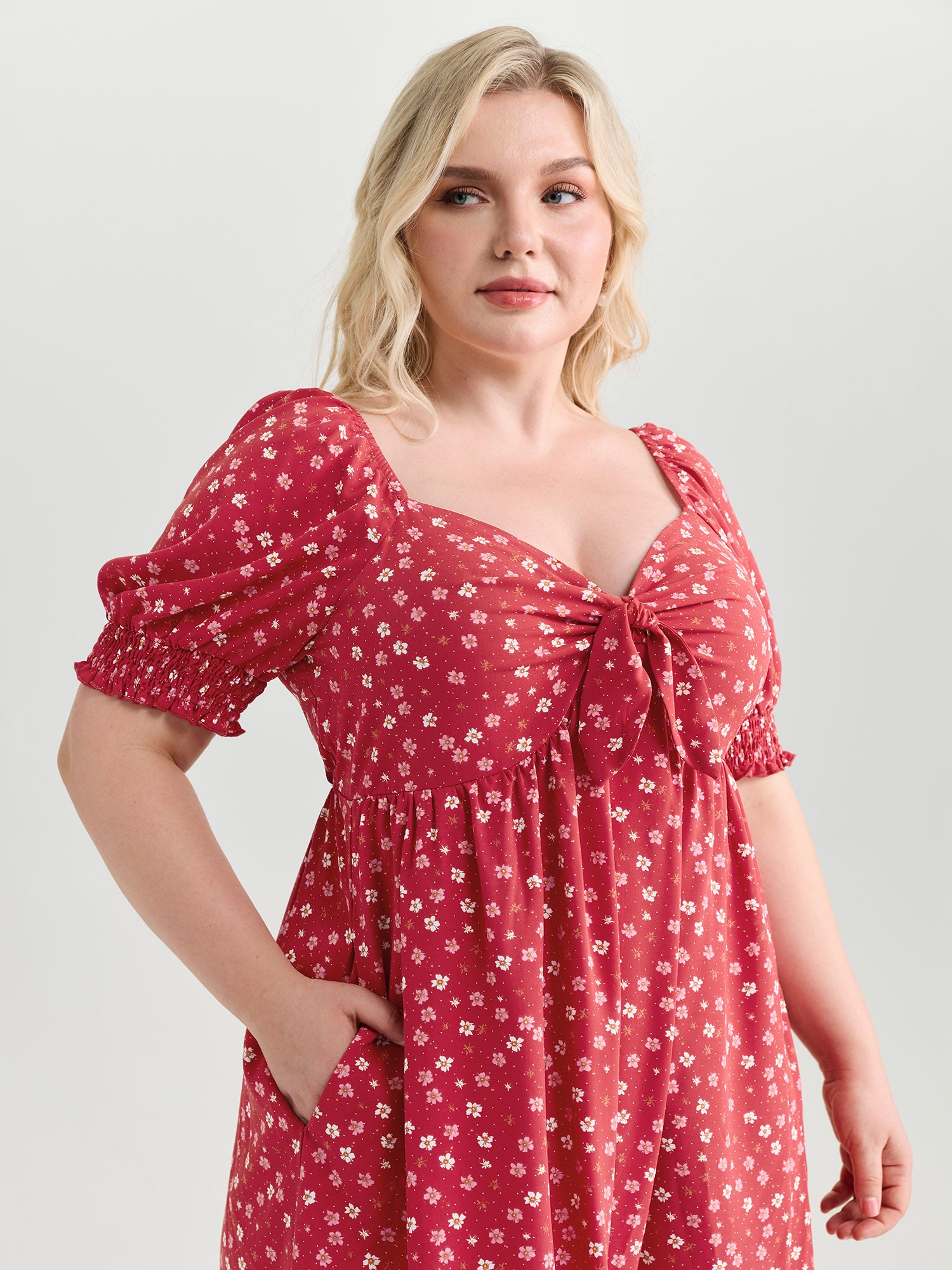 Romantic Summer Floral Print Tie Midi Dress