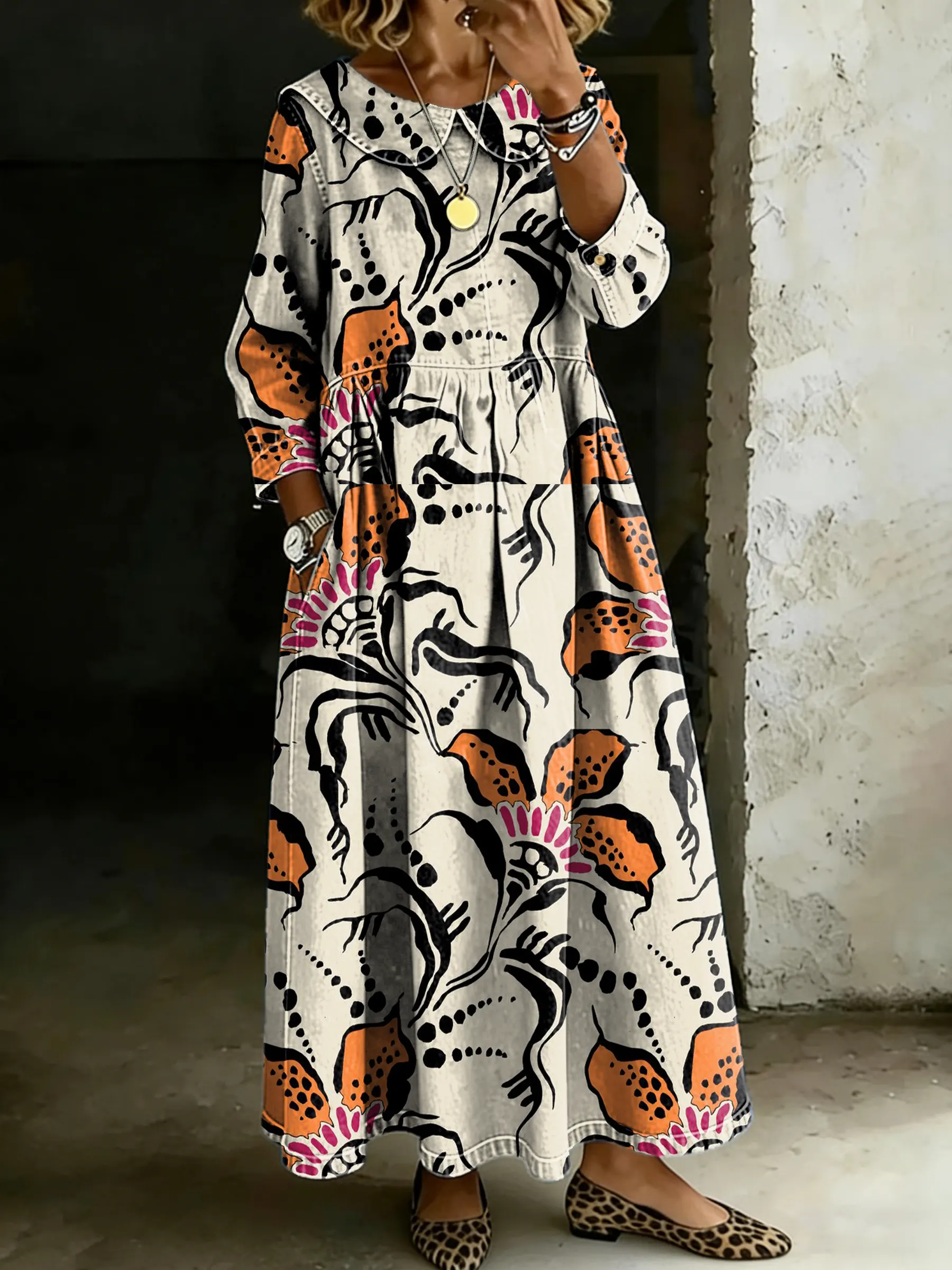 Women's Retro Floral Splicing Long-sleeved Loose-fitting Casual Denim Dress