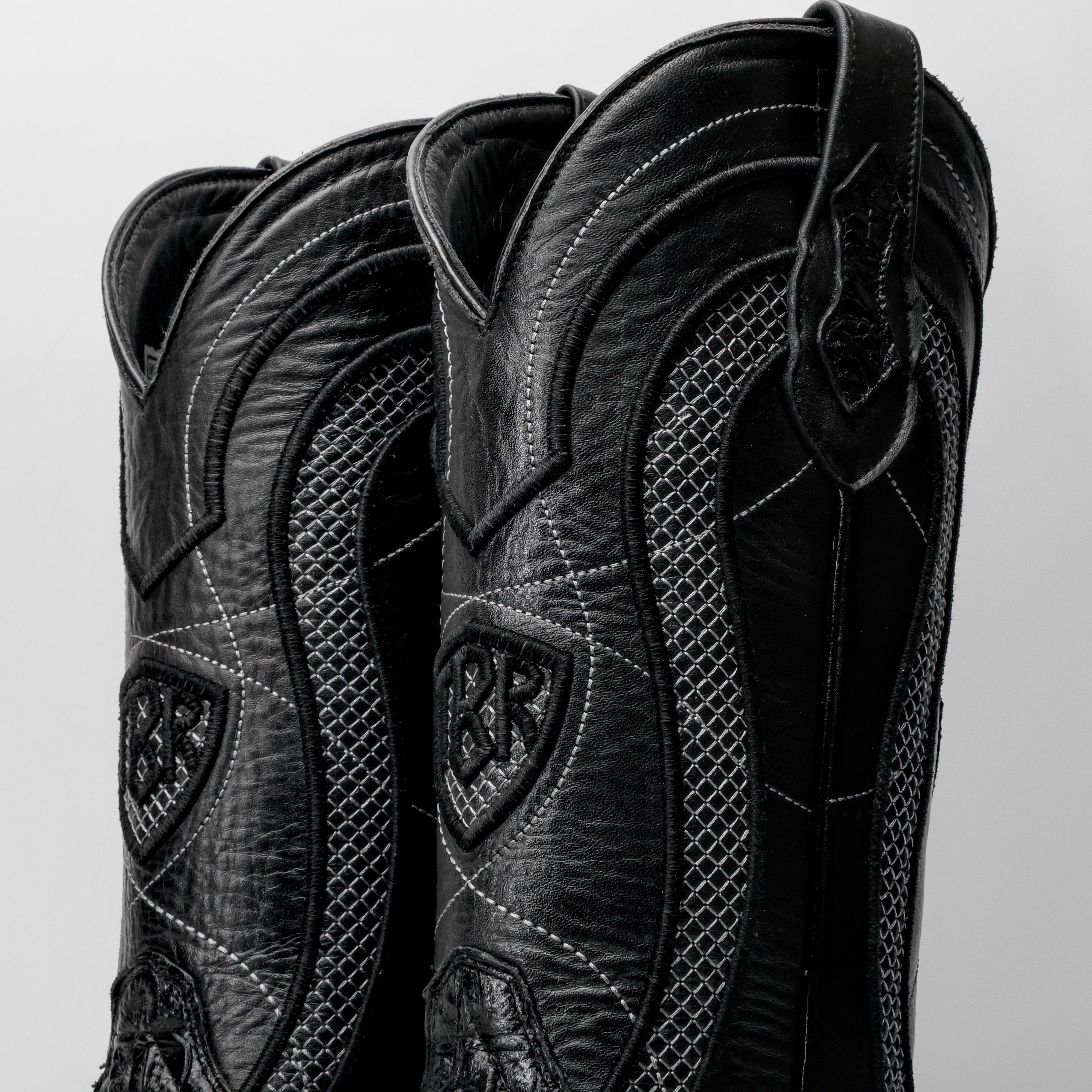 Black Caiman Neck Leather Boots - Square Toe