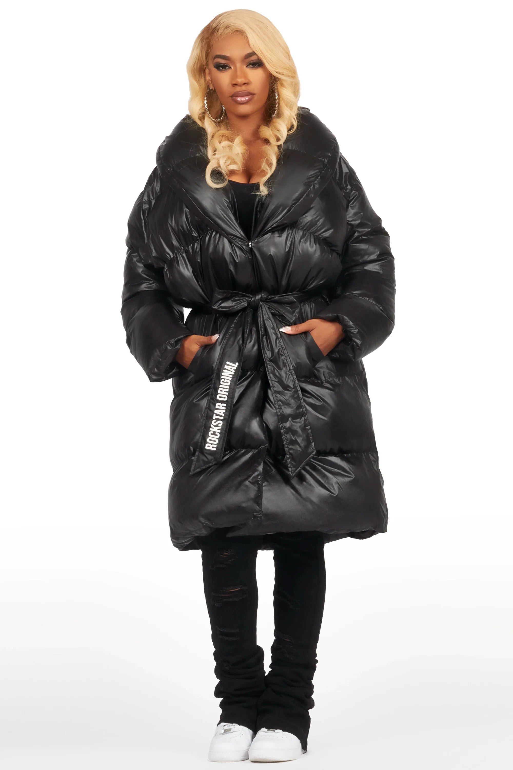 Sehrazat Black Long Wrap Puffer Jacket