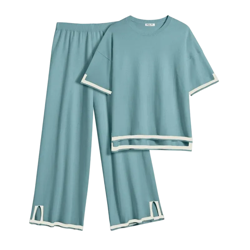 Women’s 2-Piece Knit Lounge Set – Short Sleeve Top & Wide-Leg Pants
