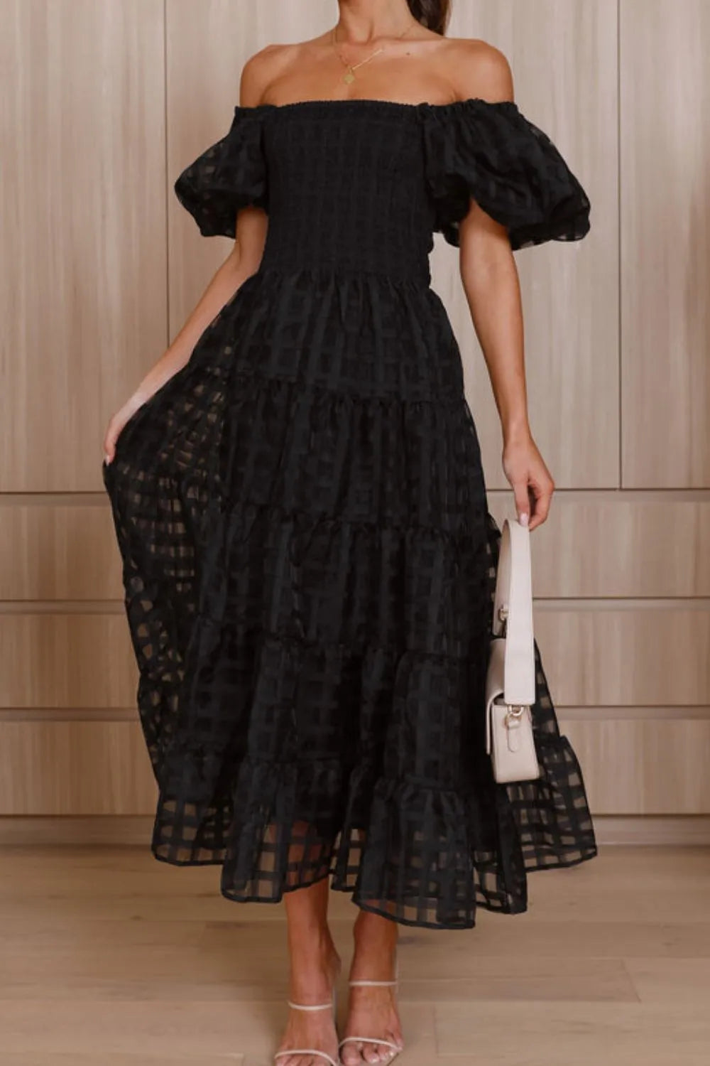 Off Shoulder Short Puff Sleeve Midi Dress