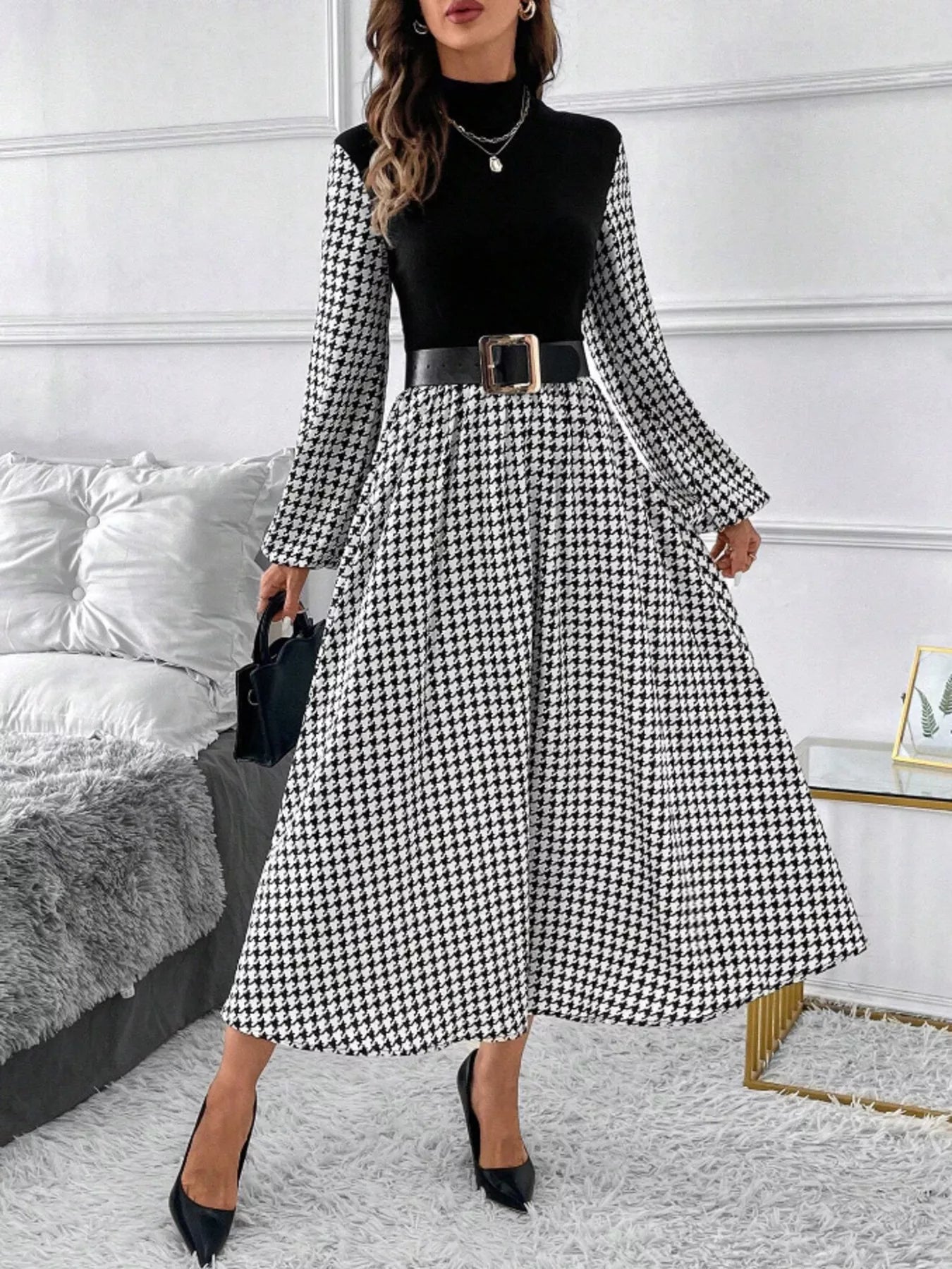 Houndstooth Mock Neck A-Line Dress
