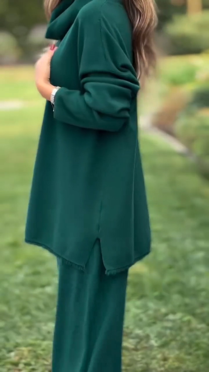 Women High Neck Top + Pants Solid Color Casual Suit