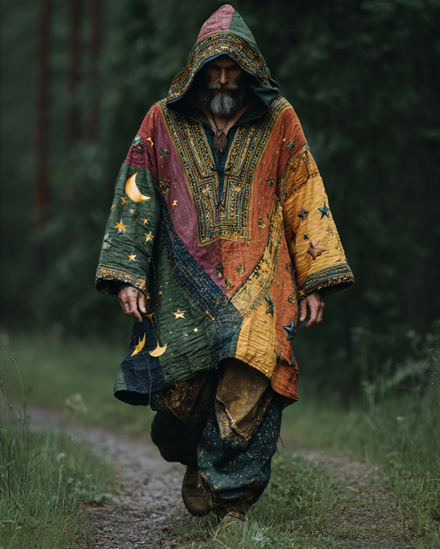 Men's summer vacation star and moon 3D embroidery casual linen rainbow stitching hooded kaftan 2d6b
